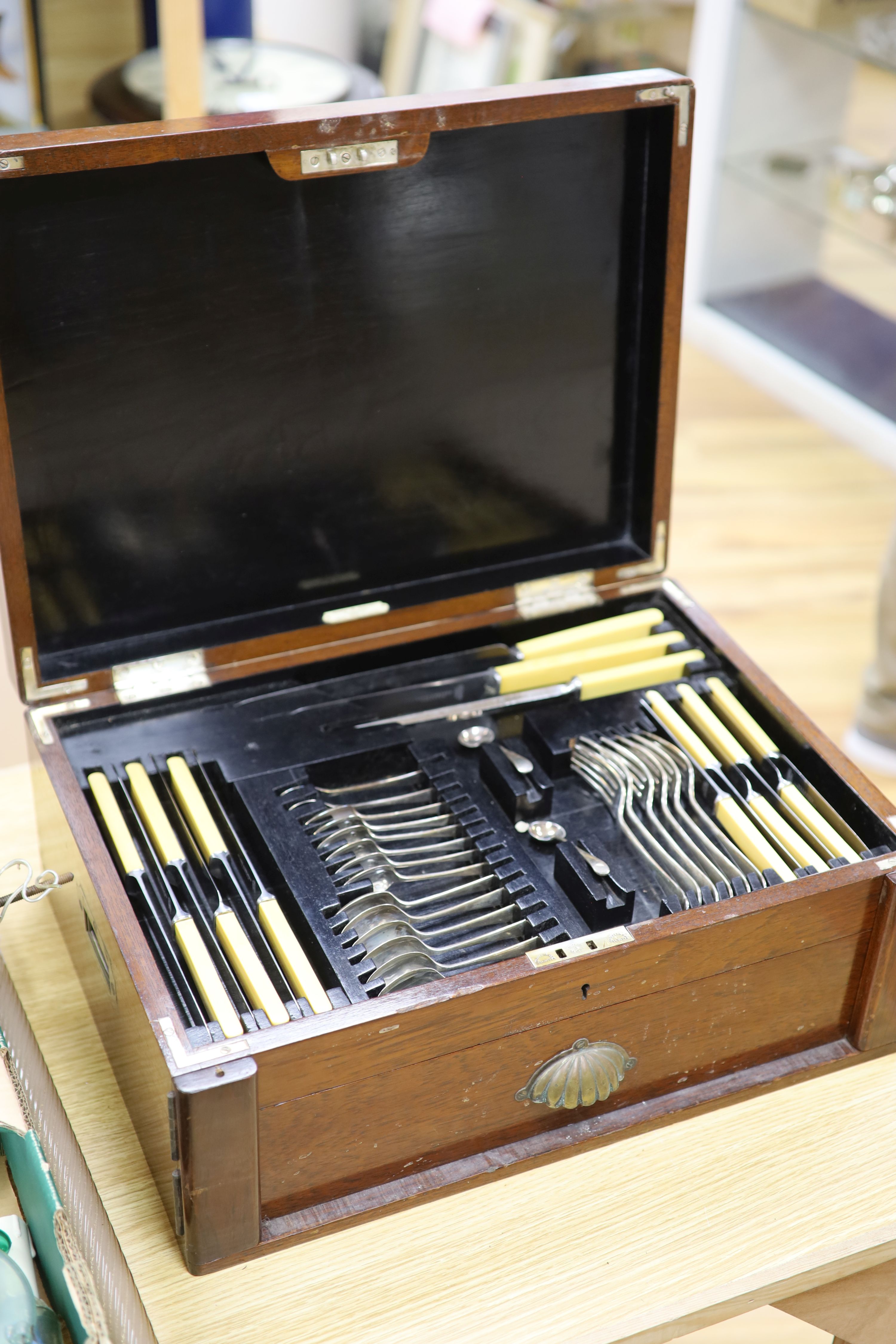 A Victorian Cooke & Kelvey mahogany cased canteen of plated flatware